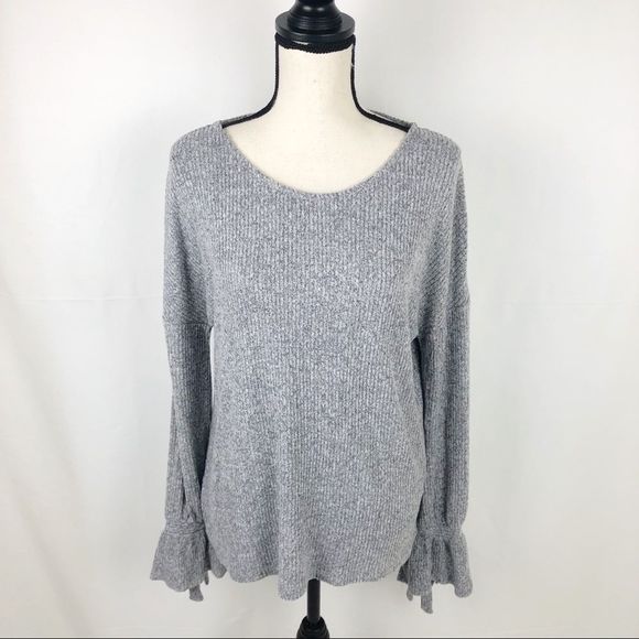 NWT Lucky Brand Ruffle Tie Long Sleeve Grey Top❤ - Picture 2 of 7